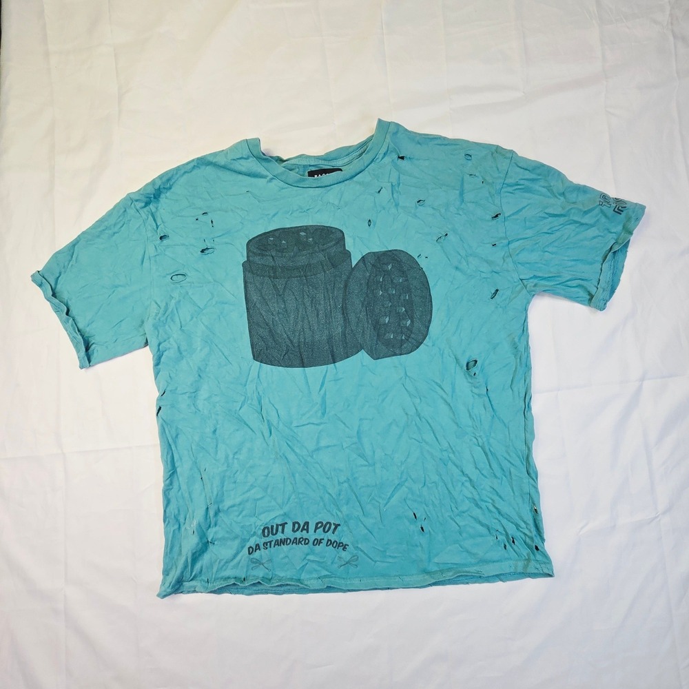 PacSun Men's Out Da Pot T-Shirt Large Blue Distressed Grinder Graphic Tee G31